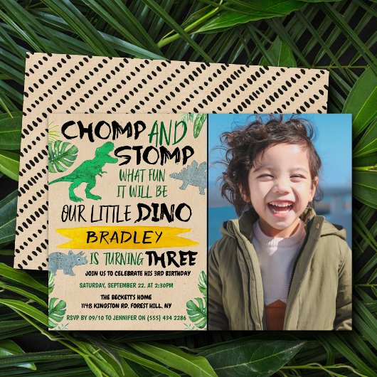 Invitation Chomp & Stomp ! Dinosaur Boys 3ème anniversaire Ph