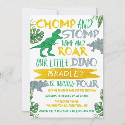 Invitation Chomp & Stomp ! Dinosaur Boys 4e anniversaire (Devant)