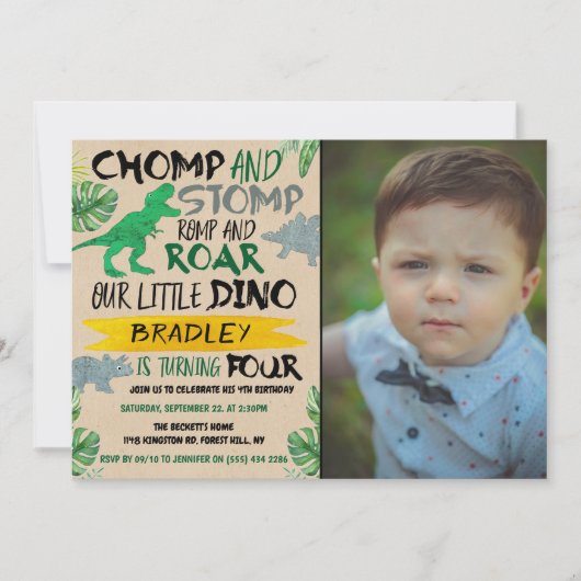 Invitation Chomp & Stomp ! Dinosaur Boys 4ème anniversaire Ph (Devant)