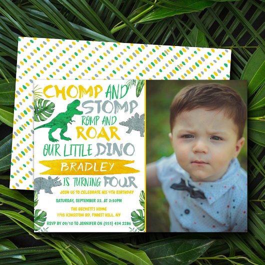Invitation Chomp & Stomp ! Dinosaur Boys 4ème anniversaire Ph