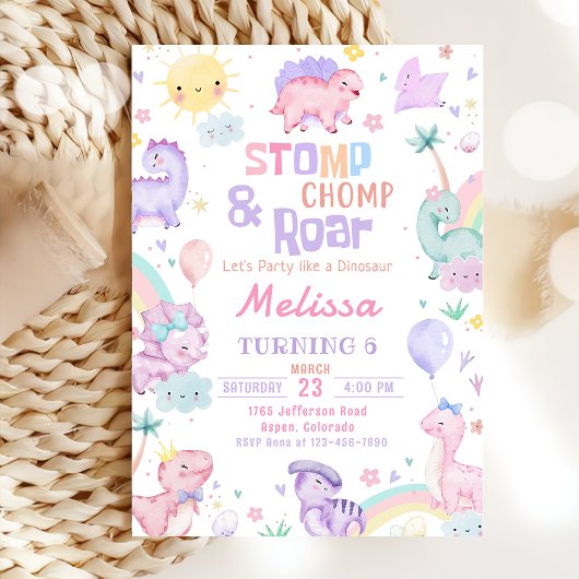 Invitation Chompe au stomp et dinosaure rose rôti Anniversair