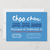 Invitation Choo choo train bleu rouge anniversaire des enfant (Devant)