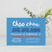 Invitation Choo choo train bleu rouge anniversaire des enfant (Debout devant)