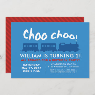 Invitation Choo choo train bleu rouge anniversaire des enfant