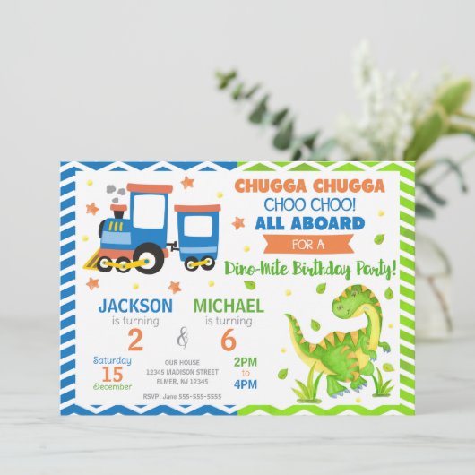 Invitation Choo Choo Train & Dinosaur Joint Birthday (Debout devant)