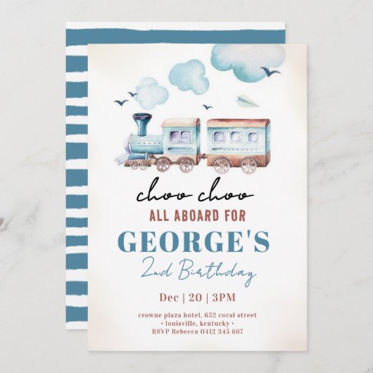 Invitation Choo Choo Train Transport Garçon Anniversaire (Devant / Derrière)