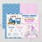 Invitation Choo Choo Train & Unicorn Joint Birthday (Devant / Derrière)