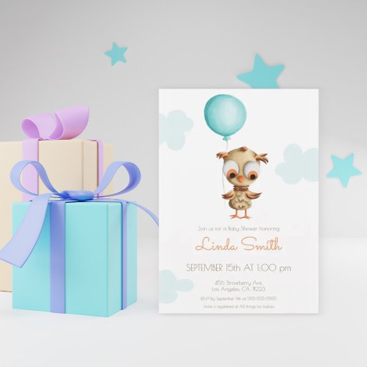 Invitation Chouette à bébé avec ballons Baby shower neutre