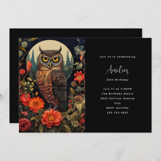 Invitation Chouette à la nuit avec une Pleine lune Anniversai (Devant / Derrière)