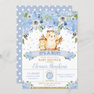 Invitation Chouette Baby shower Floral Fleurs Bleues Baby Boy