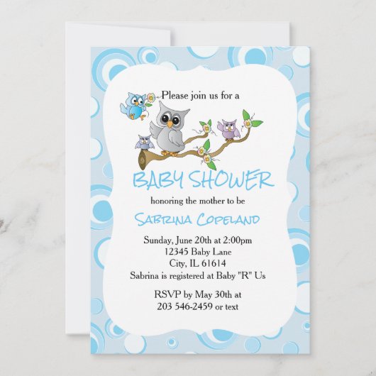 Invitation Chouette Bébé Bleue | Thème Douche (Devant)