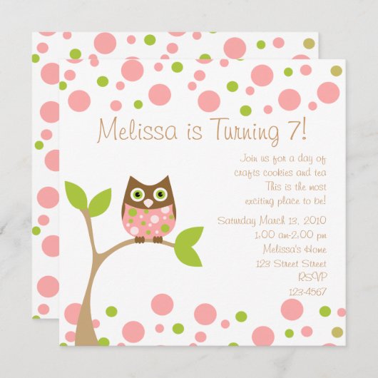 Invitation Chouette-bébé rose (Devant / Derrière)