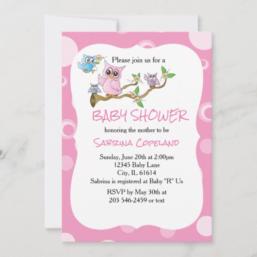 Invitation Chouette-bébé rose | Thème Douche (Devant)