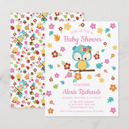 Invitation Chouette boisée mignonne et fleurs Baby shower béb (Devant / Derrière)