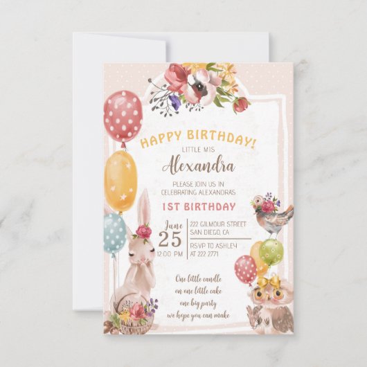 Invitation Chouette Bunny Et Oiseau 1er anniversaire (Devant)