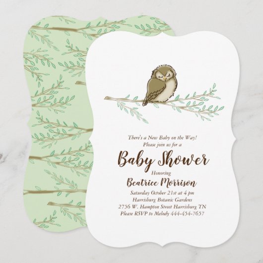 Invitation Chouette couchée Baby shower Oiseau des bois (Devant / Derrière)