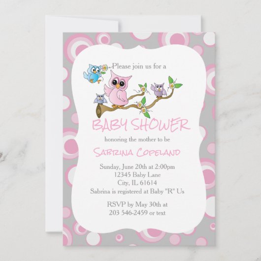 Invitation Chouette de bébé rose et gris | Thème Douche (Devant)