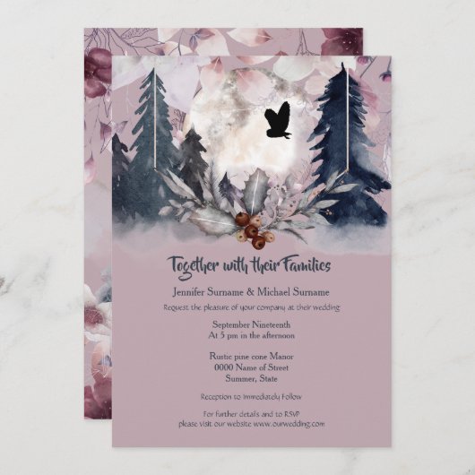 Invitation Chouette de la forêt de couleur rose sombre lune  (Devant / Derrière)