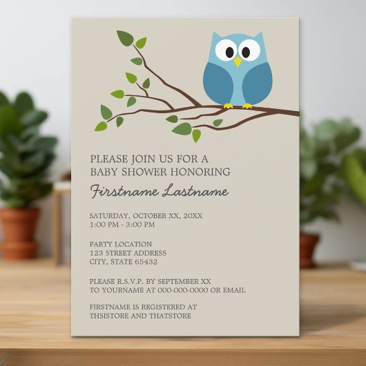 Invitation Chouette des bois sur le Baby shower des branches