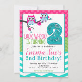 Invitation Chouette d'été rose turquoise et verte 2e annivers (Devant)