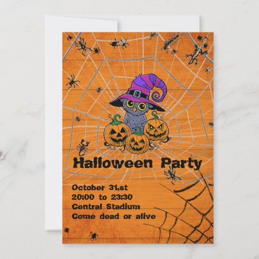 Invitation Chouette d'Halloween éffrayante, citrouilles (Devant)