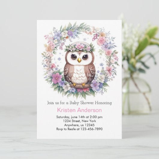 Invitation Chouette enchantée Woods : Baby shower fille (Debout devant)