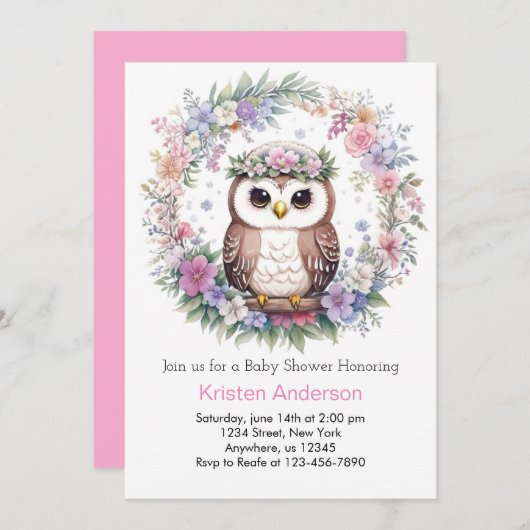 Invitation Chouette enchantée Woods : Baby shower fille (Devant / Derrière)