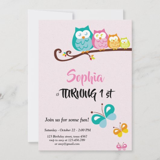 Invitation chouette et    papillon (Devant)