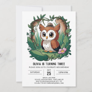 Invitation Chouette numérique couleur forêt Anniversaire