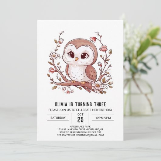 Invitation Chouette numérique Editable Woods Anniversaire (Debout devant)