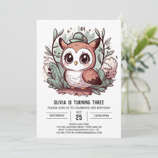 Invitation Chouette numérique simple modifiable Anniversaire (Debout devant)