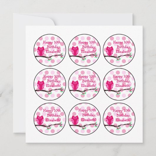 Invitation Chouette rose 10e anniversaire Cupcake Toppers (Devant)