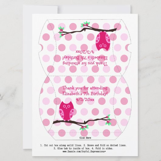 Invitation Chouette rose 7e anniversaire Ballotin Coussin (Devant)