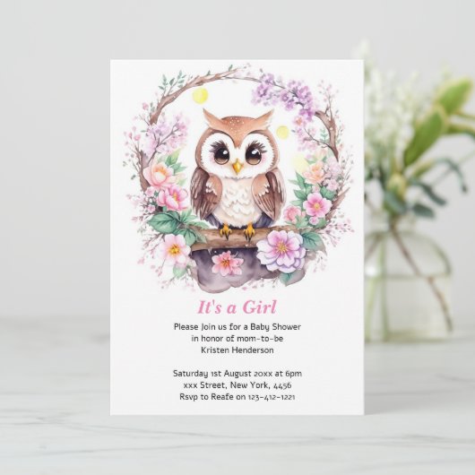 Invitation Chouette rose Aventure bébé fille douche (Debout devant)