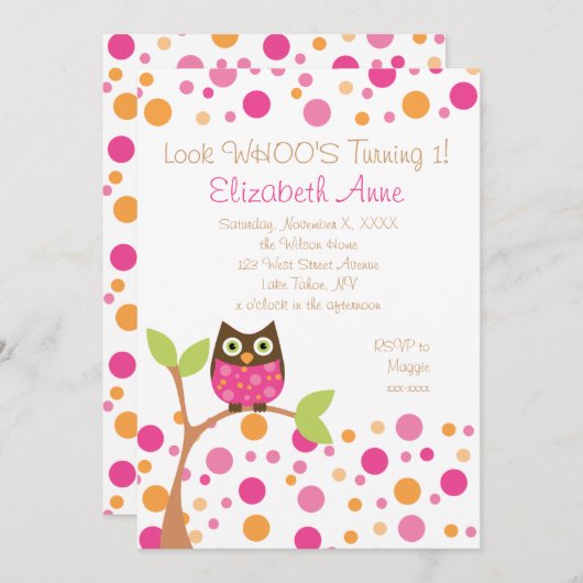 Invitation Chouette rose chaude (Devant / Derrière)