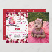 Invitation Chouette rose Chéri Saint Valentin Photo d'anniver (Devant / Derrière)