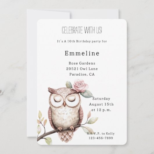 Invitation Chouette rose enchantée Anniversaire (Devant)