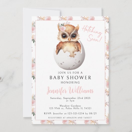 Invitation Chouette rose fleurie chouette douche bébé fille I (Devant)