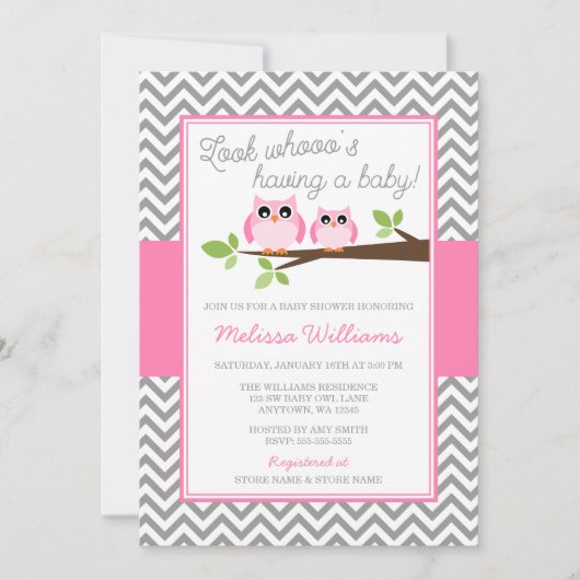 Invitation Chouette rose Gris Chevron Baby shower fille (Devant)