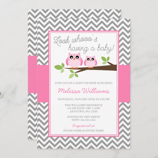 Invitation Chouette rose Gris Chevron Baby shower fille (Devant / Derrière)