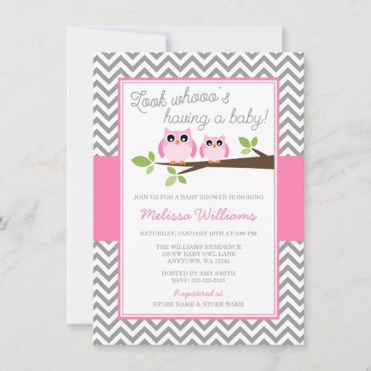 Invitation Chouette rose Gris Chevron Baby shower fille (Devant)