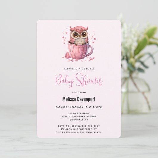 Invitation Chouette rose mignonne dans un Baby shower de coup (Debout devant)