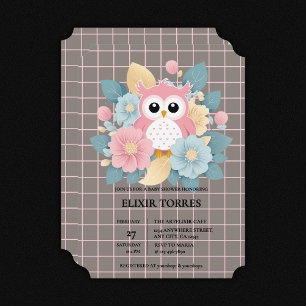 Invitation Chouette rose moderne Baby shower Floral & Grille