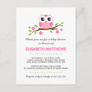 Invitation Chouette rose pâle sur le baby shower de la fillet