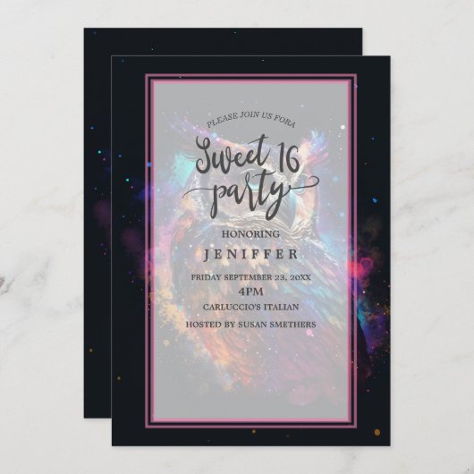 Invitation Chouette spatiale colorée (Devant / Derrière)