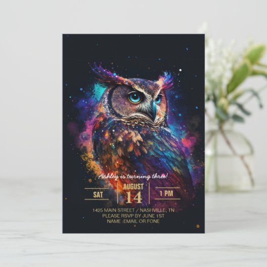 Invitation Chouette spatiale colorée            (Debout devant)