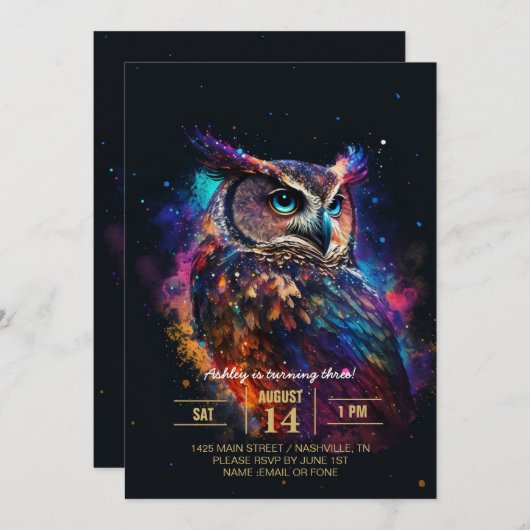 Invitation Chouette spatiale colorée            (Devant / Derrière)