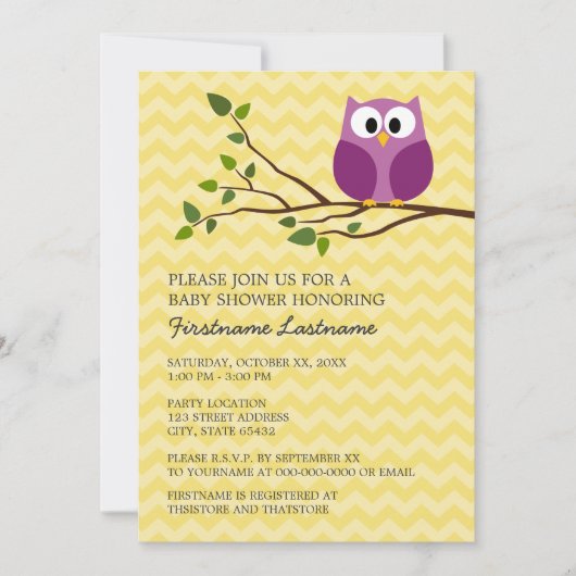 Invitation Chouette sur Branche et chevrons Bébé Fille Douche (Devant)