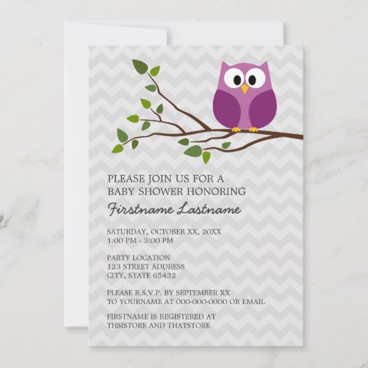 Invitation Chouette sur Branche et chevrons Bébé Fille Douche (Devant)