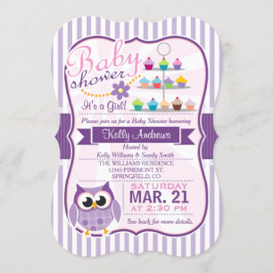 Invitation Chouette violette rose et lavande, Baby shower de